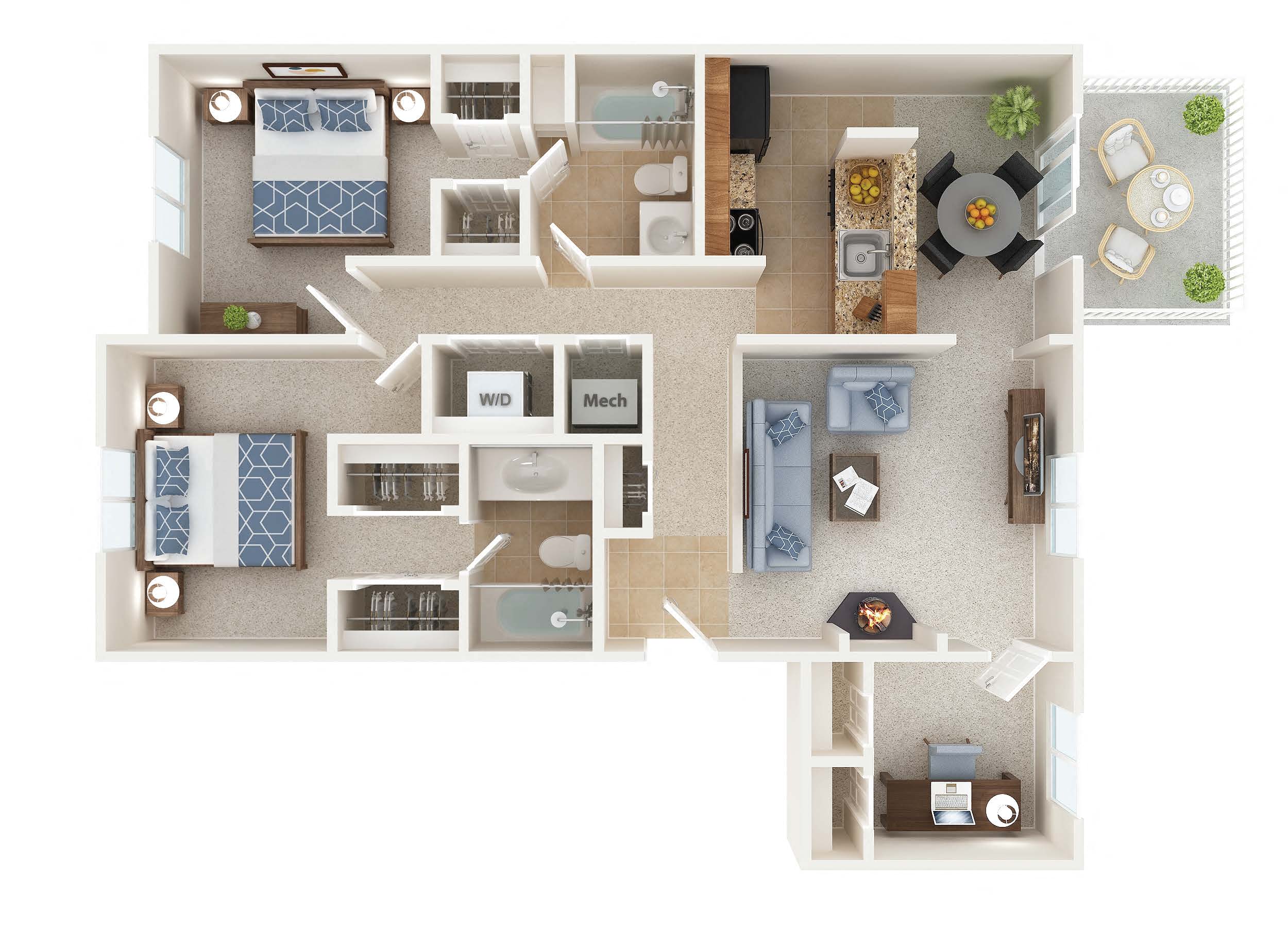 Floor plan for 2 beds, 2 baths, 1245 sqft